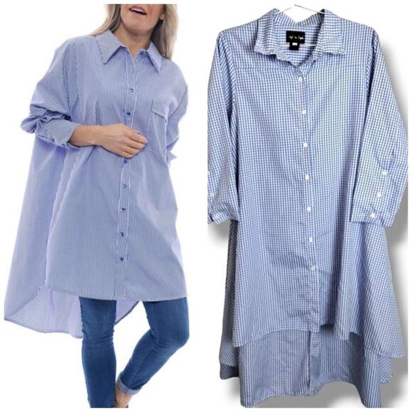 Step In Style Womens Oversized‎ Blouse Size Medium Blue Button Front Short Long - Picture 1 of 10